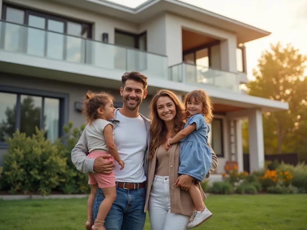 Happy family celebrating their completed home renovation